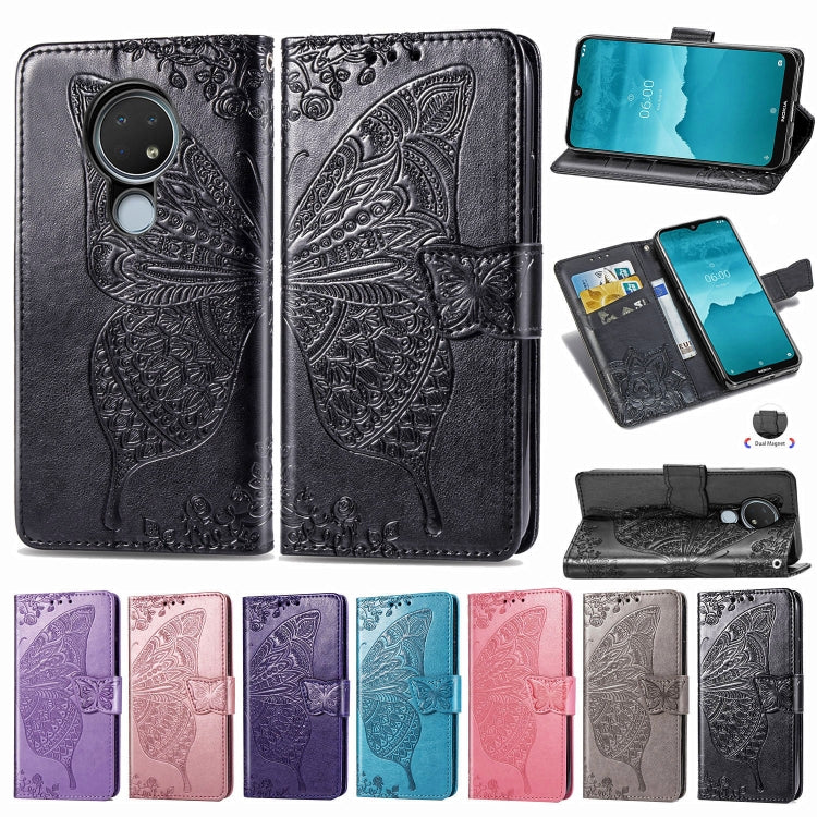 For Nokia 6.2 / 7.2 Butterfly Love Flower Embossed Horizontal Flip Leather Case with Bracket Lanyard Card Slot Wallet(Rose Gold) by buy2fix