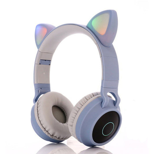 BT028C Cute Cat Ear Bluetooth 5.0 Headphones Foldable On-Ear Stereo Wireless Headset Headphone with Mic / LED Light / FM Radio / TF Card(Blue) by buy2fix