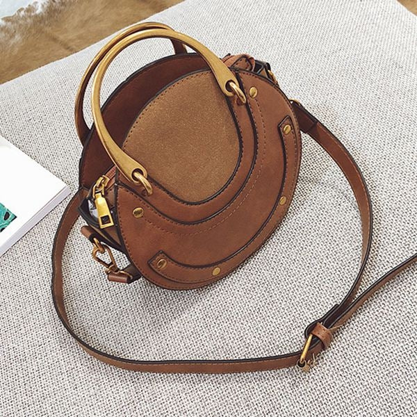 Circular Scrub PU Leather Women Bags Retro Handbag Shoulder Mini Bag(Brown) by buy2fix
