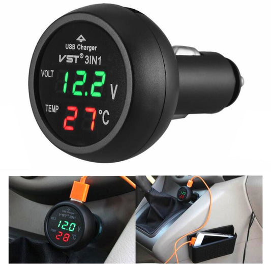 3 In 1 Car USB Charger Car Cigarette Lighter With Voltage Detection Display Multi-function Monitoring Table(Red Green) by buy2fix