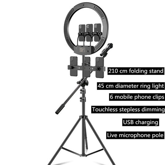18 inch+6 Phone Clips+Microphone Pole Dimmable Color Temperature LED Ring Fill Light Live Broadcast Set With 2.1m Tripod Mount, CN Plug by buy2fix