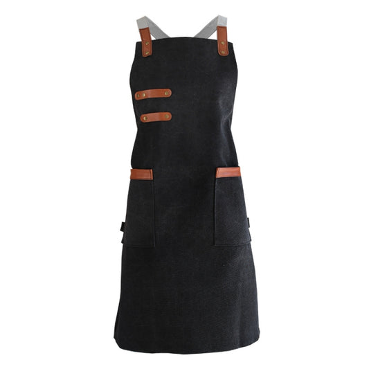 Washed Canvas Apron Chef Cafe Shop BBQ Hairdresser Aprons(Black) by buy2fix