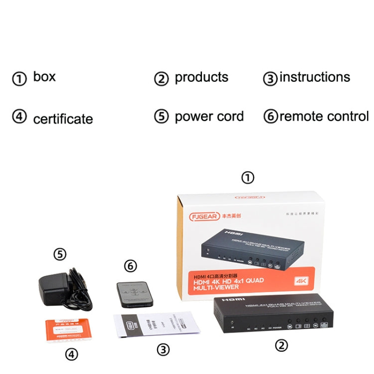 FJGEAR FJ-401HF 4 In 1 Out 4K HDMI Splitter Supports Four Screen Segmentation, Plug Type:US Plug(Black) by FJGEAR