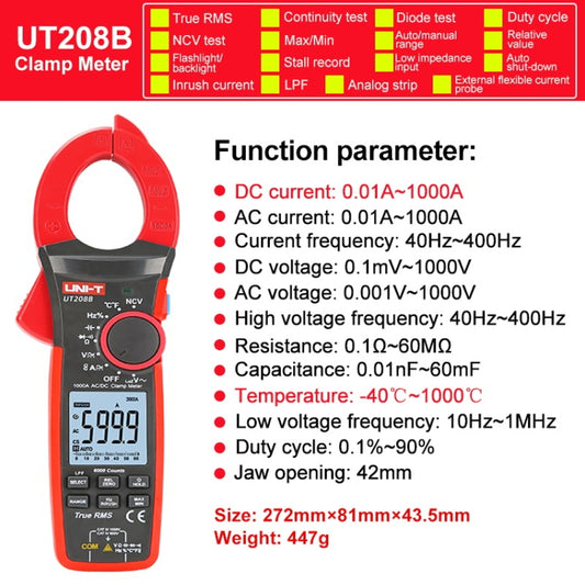 UNI-T UT208B 1000A 42mm Jaw Size Digital Clamp Meter AC DC Voltage Detector by UNI-T