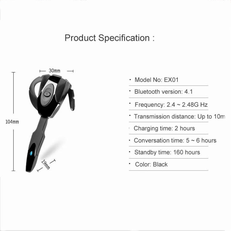 ex-01 Bluetooth 4.1 Business Hanging Ear Bluetooth Earphone(Black) by buy2fix