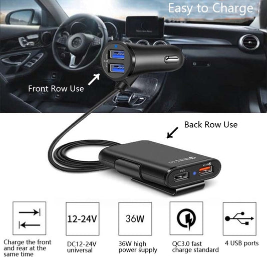 One For Four 8A Car Charger QC3.0 Fast Charge 4USB Car Front And Rear Seat Car Charger by buy2fix