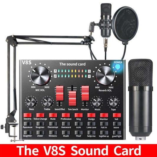 V8S Sound Card Mobile Phone Computer Anchor Live K Song Recording Microphone, Specification:V8S + Black Bet BM700 Set by buy2fix
