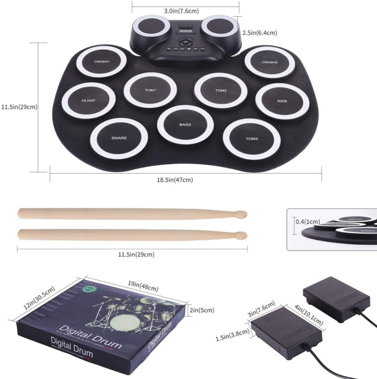 Portable Hand Roll Electronic Drum Flashing Light Bluetooth Drum(Black White) by buy2fix