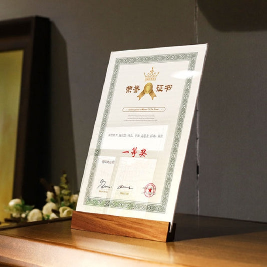 Transparent Acrylic Wooden Base Certificate Photo Frame Vertical Walnut by buy2fix