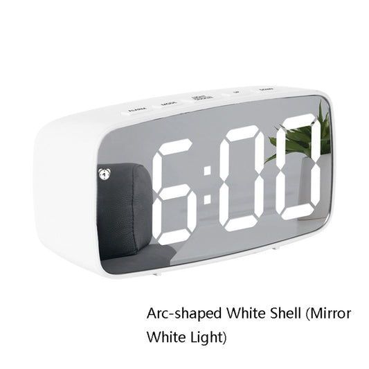 Mirror Bedside Alarm Clock Battery Plug-In Dual-Purpose LED Clock, Colour: Arc-shaped White Shell (Mirror White Light) by buy2fix