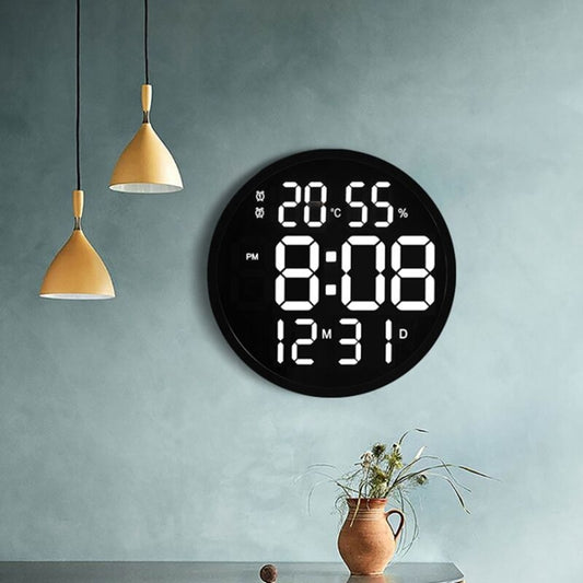 6620 12 Inch LED Simple Wall Clock Living Room Round Silent Digital Temperature And Humidity Electronic Clock(Black Frame EU Plug) by buy2fix