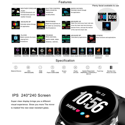 V11 Smartwatch Real-time Heart Rate Blood Pressure Monitor Multi-sport mode Breathing Light Smart Watch for Android IOS Phone(Pink Silicone) by buy2fix