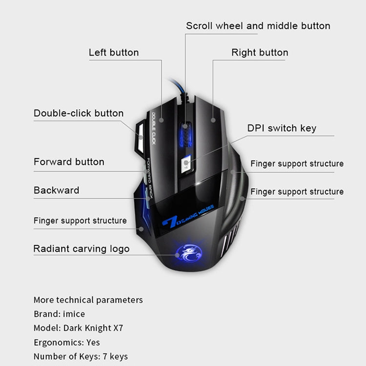 IMICE X7 2400 DPI 7-Key Wired Gaming Mouse with Colorful Breathing Light, Cable Length: 1.8m(Skin Black E-commerce Version) by IMICE