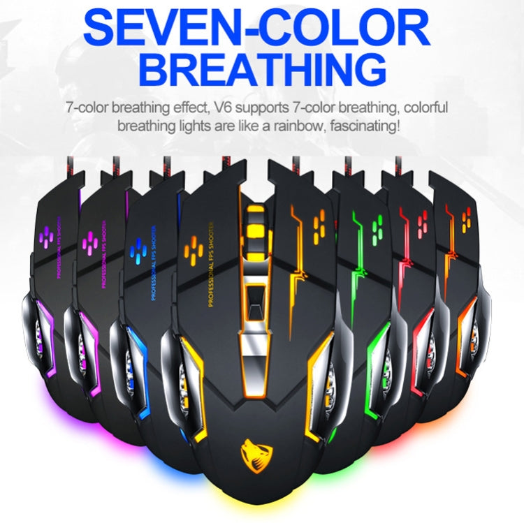 T-WOLF V6 USB Interface 6-Buttons 3200 DPI Wired Mouse Gaming Mechanical Macro Programming 7-Color Luminous Gaming Mouse, Cable Length: 1.5m(Macro Definition Silent Version Black Silver) by T-WOLF