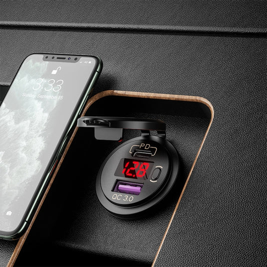 12V Modified Car USB Charger With Voltage Display PD QC3.0 Socket(With Terminal Red Light) by buy2fix