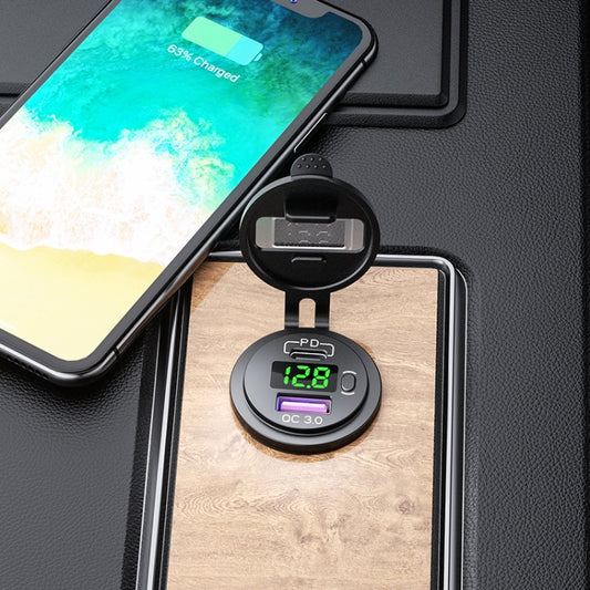 12V Modified Car USB Charger With Voltage Display PD QC3.0 Socket(With 60cm Line Green Light) by buy2fix