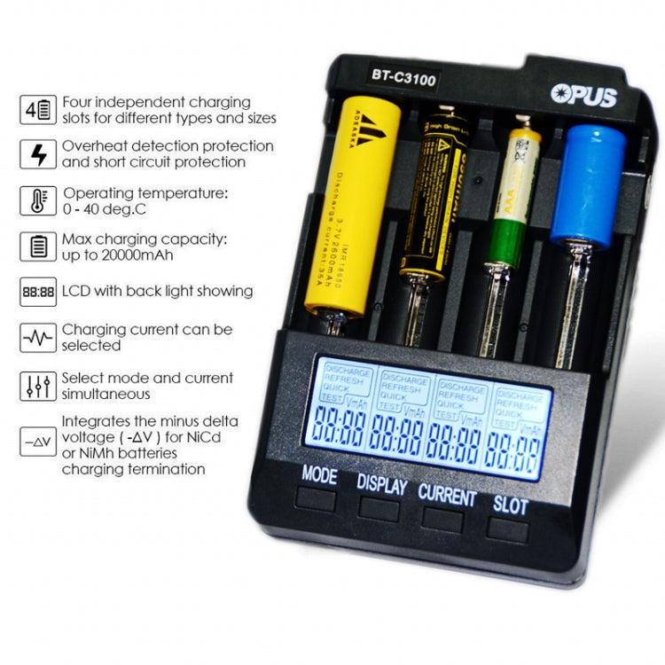 OPUS BT-C3100 Smart Smart Digital Intelligent 4-Slot Battery Charger(US Plug) by OPUS