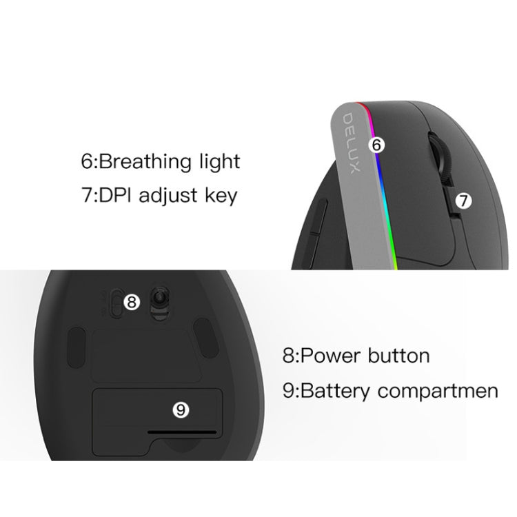 DELUX M618C 6 Keys 1600 DPI RGB Vertical Wireless Bluetooth Dual Mode Mouse(Black) by DELUX