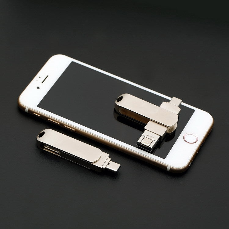32GB USB 3.0 + 8 Pin + USB-C / Type-C 3 in 1 Phone Computer Rotatable Metal U-Disk by buy2fix