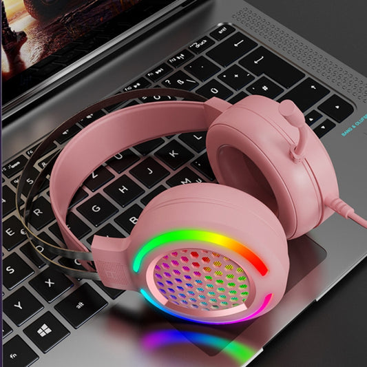 FOREV G99 USB RGBHead-Mounted Wired Headset With Microphone, Style: Standard Version (Colorful Light Pink) by FOREV
