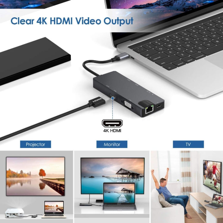 8 In 1 Type-C To HDMI+VAG Gigabit RJ45+USB3.0 Docking Station(Gray) by buy2fix