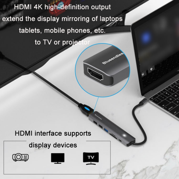 Blueendless Type-C+USB 3.0/2.0+HDMI4K HUB, Specification: 5 in 1 by Blueendless