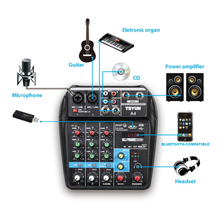 TEYUN A4 4-way Small Microphone Digital Mixer Live Recording Effector(US Plug) by TEYUN
