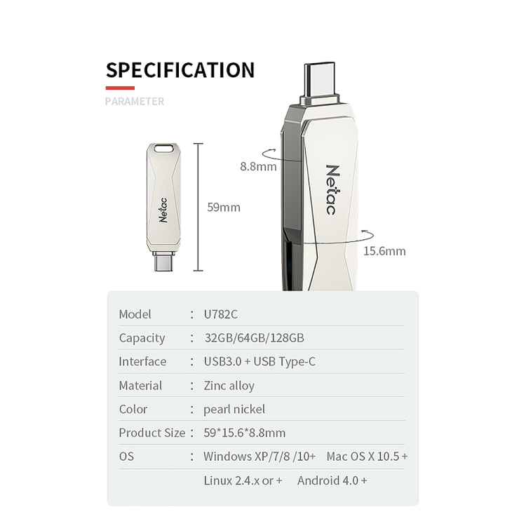 Netac U782C Type-C Dual Interface High-Speed Metal Computer USB Flash Drive, Capacity: 32GB by Netac
