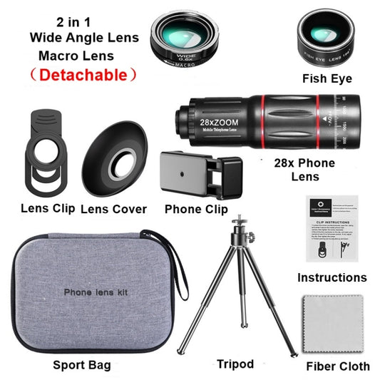 Mobile Phone Universal Lens Telescope 28X + Wide Angle 0.6X + Macro 20X + Fisheye 198 Degree Set by buy2fix