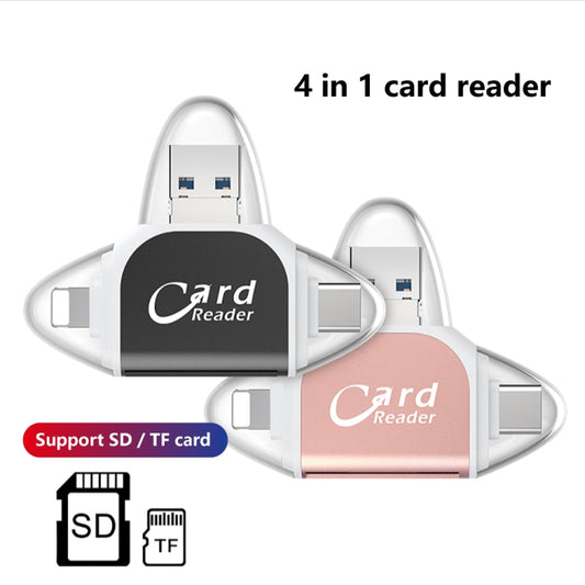 R015 USB2.0 & Micro USB+8Pin+Type-C 4 In 1 Card Reader Supports SD/TF Card(Rose Gold) by buy2fix