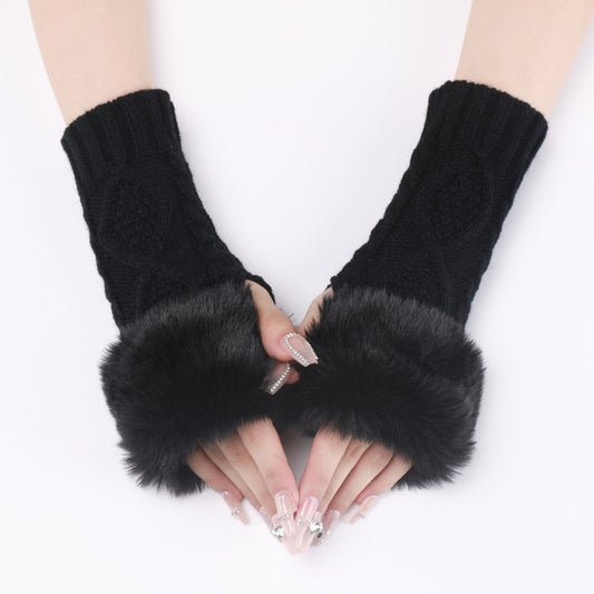 Ladies Short Type Furry Gloves Diamond Knit Warm Fingerless Arm Sleeves(Black) by buy2fix