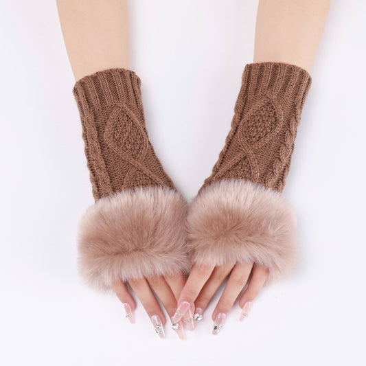 Ladies Short Type Furry Gloves Diamond Knit Warm Fingerless Arm Sleeves(Khaki) by buy2fix