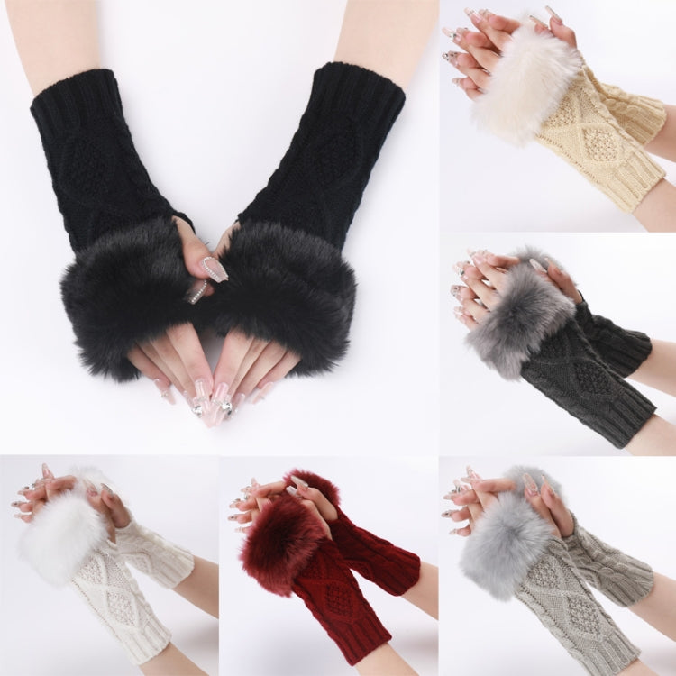 Ladies Short Type Furry Gloves Diamond Knit Warm Fingerless Arm Sleeves(Black) by buy2fix