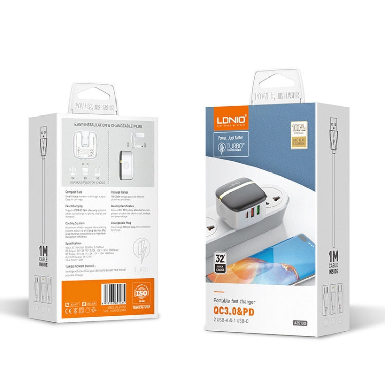 LDNIO A3513Q 32W QC3.0 3 USB Ports Phone Adapter EU Plug with Type C to 8 Pin Cable by LDNIO