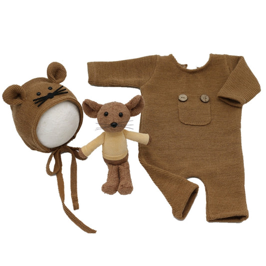 Newborn Photography Clothing Baby Knitted Jumpsuit + Hat + Mouse Doll Three-Piece Set(Brown) by buy2fix