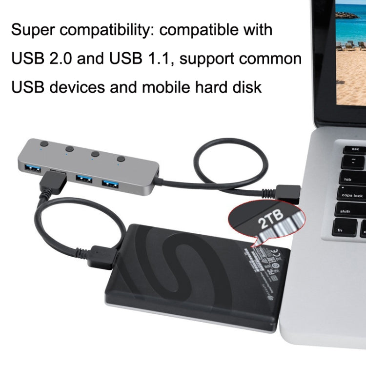 HS0059 Independent Switch USB 3.0 4 Ports Extension Type-C / USB-C Aluminum Alloy HUB, Cable Length: 30cm by buy2fix