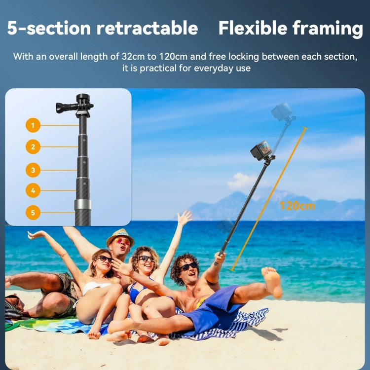 TELESIN 1.2m Carbon Fiber Monopod Selfie Stick With 1/4 Screw For Action Cameras by TELESIN