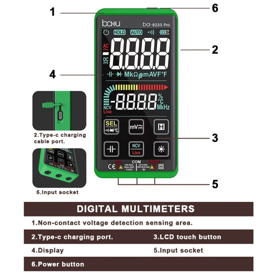 BAKU BA-8233 Pro Electric Maintenance Resistor Current Touch Screen Digital Mulitmeter(Green) by BAKU
