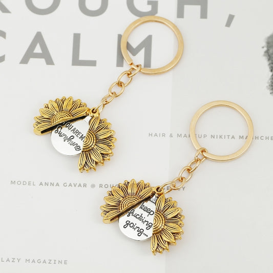 N2003-27 Ancient Gold Keychain Alloy Sunflowers Shape Can Open Double Side Engraving Accessories Pendant by buy2fix