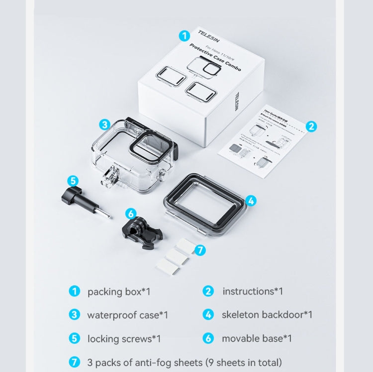 For GoPro Hero11 Black / HERO10 Black / HERO9 Black TELESIN Waterproof Case Full Scene Anti-Fog Underwater Diving Housing by TELESIN