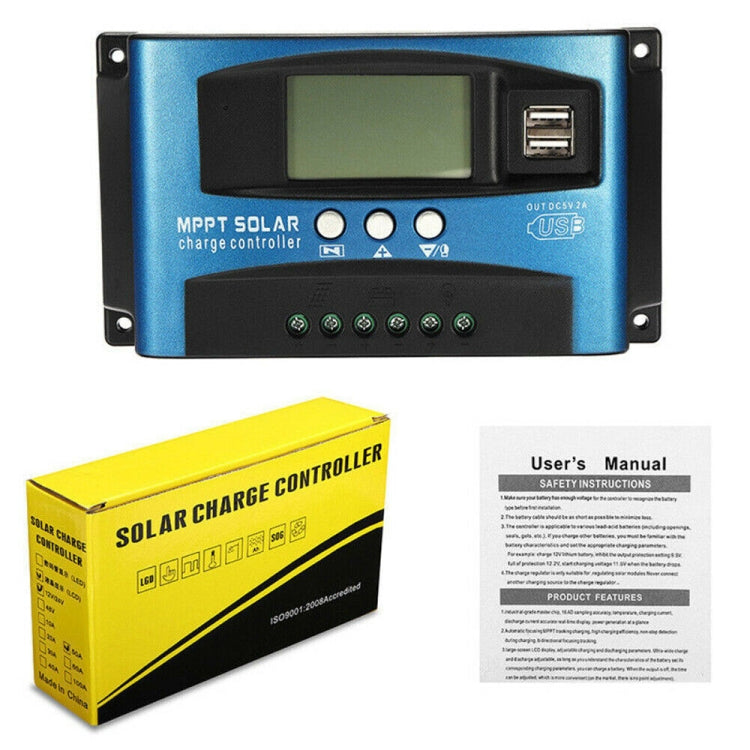 YCX-003 30-100A Solar Charging Controller with LED Screen & Dual USB Port Smart MPPT Charger, Model: 12/24V 60A by buy2fix