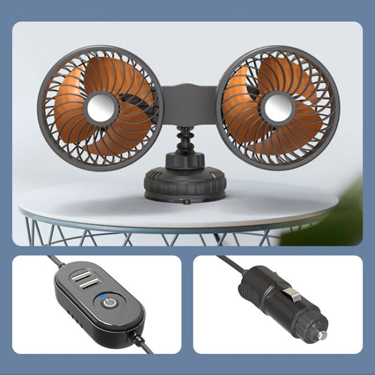 F6026 Large Suction Cup Vehicle-Mounted Double-Head Fan, Model: Cigarette Lighter with USB by buy2fix
