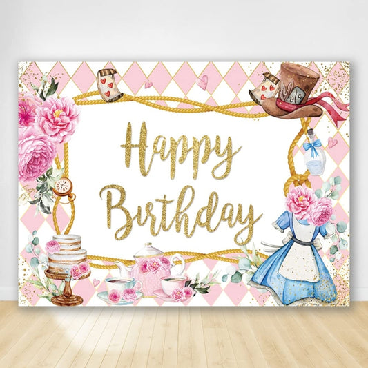 150 x 100cm Pink Flowers Cake Cartoon Birthday Background Cloth Birthday Decoration Banner Hanging Flags by buy2fix