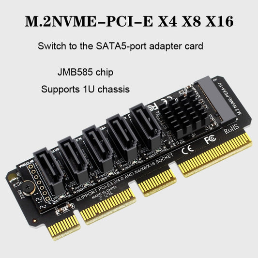 M.2NVME-PCIE X4 / X8 / X16 Rotor SATA5 Port Transfer Card JMB585 Chip by buy2fix