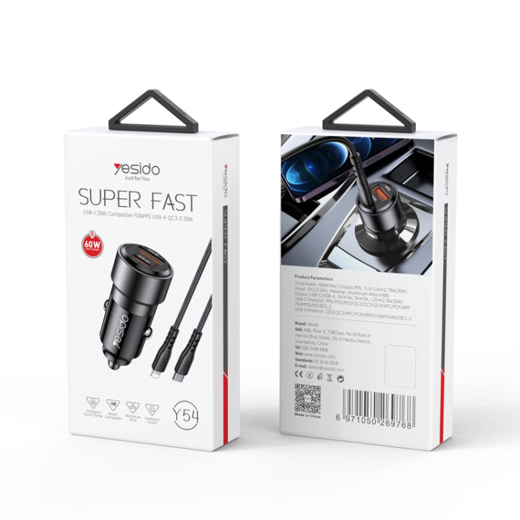 Yesido Y54 With 8 Pin To Type-C/USB-C Line Car Charger QC3.0+PD30W Type-C/USB-C+USB Dual Port Quick Charge(Black) by Yesido