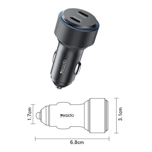 Yesido Y48 60W Car Fast Charger Aluminum Aluminum Double Type-C/USB-C Port Car Charger(Black) by Yesido