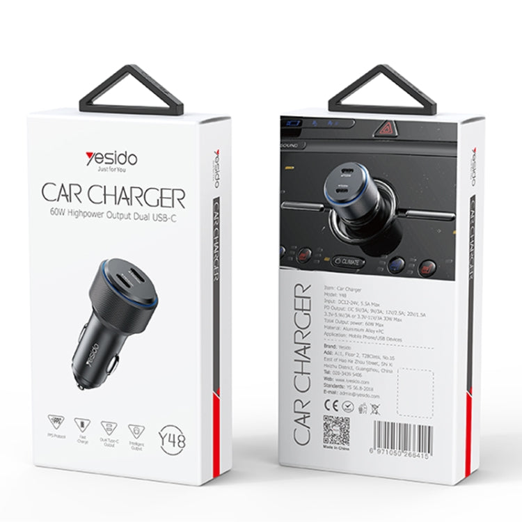 Yesido Y48 60W Car Fast Charger Aluminum Aluminum Double Type-C/USB-C Port Car Charger(Black) by Yesido