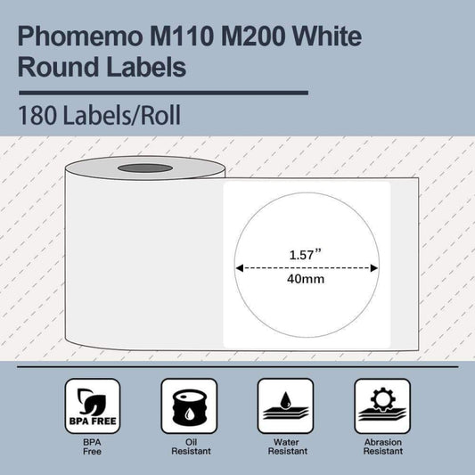 For Phomemo M110 / M200 180pcs /Roll 40x40mm Round Self-Adhesive Thermal Labels by Phomemo