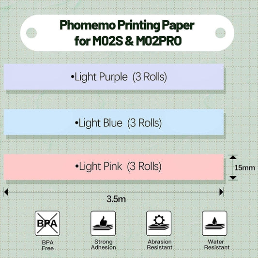 For Phomemo M02S / M02 Pro 9rolls /Pack 15mm Purple/Light Blue/Light Pink Bottom Self-adhesive Thermal Paper by Phomemo