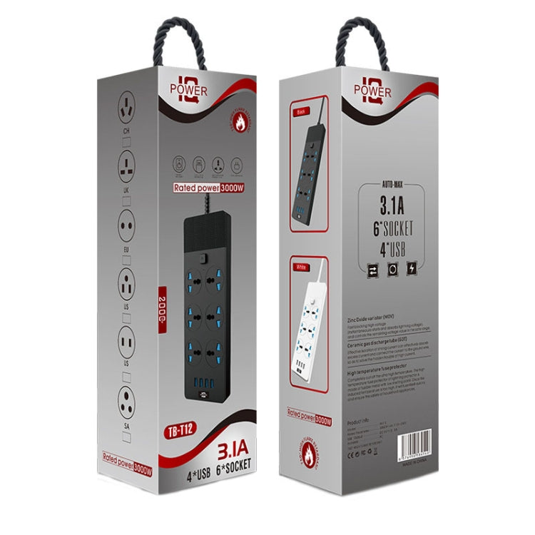 TB-T12 3000W 2m 4-USB Ports + 6-Jacks Multifunctional Flame-Retardant Socket With Switch(UK Plug) by buy2fix